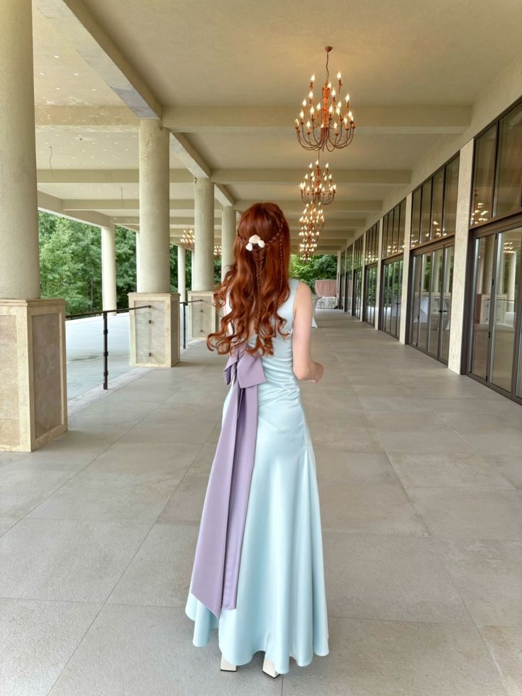 Sweet Light Blue A-line V-Neck Bow Satin Long Prom Dress Evening Dress - VelvetHem