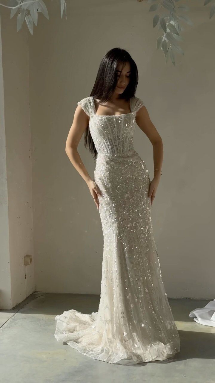 Elegant White Mermaid Square Neck Sequin Tulle Train Long Prom Dress Evening Dress