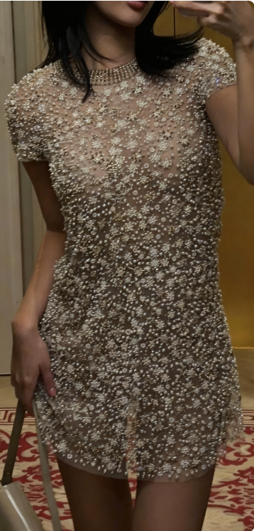 Elegant Round Neck Short Sleeve Pearl Diamond Slim Birthday Party Homecoming Dress - FashionDia