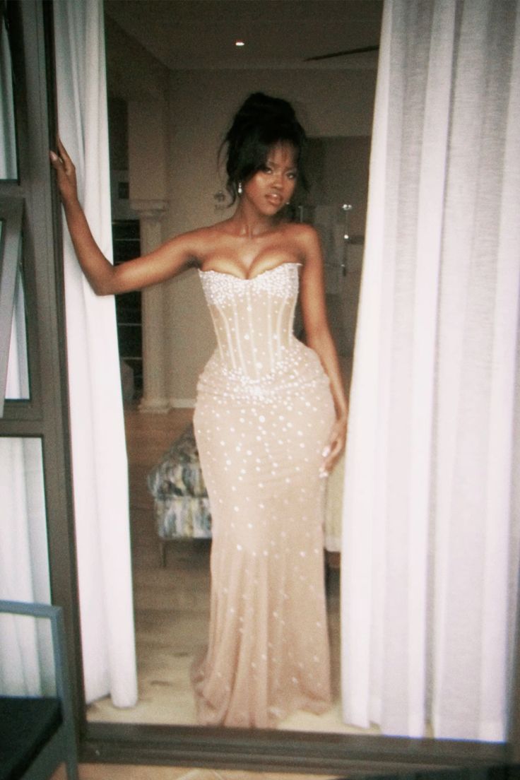 Sexy Nude Apricot Mermaid Strapless Rhinestone Tulle Long Prom & Evening Dress - View 3 | FashionDia