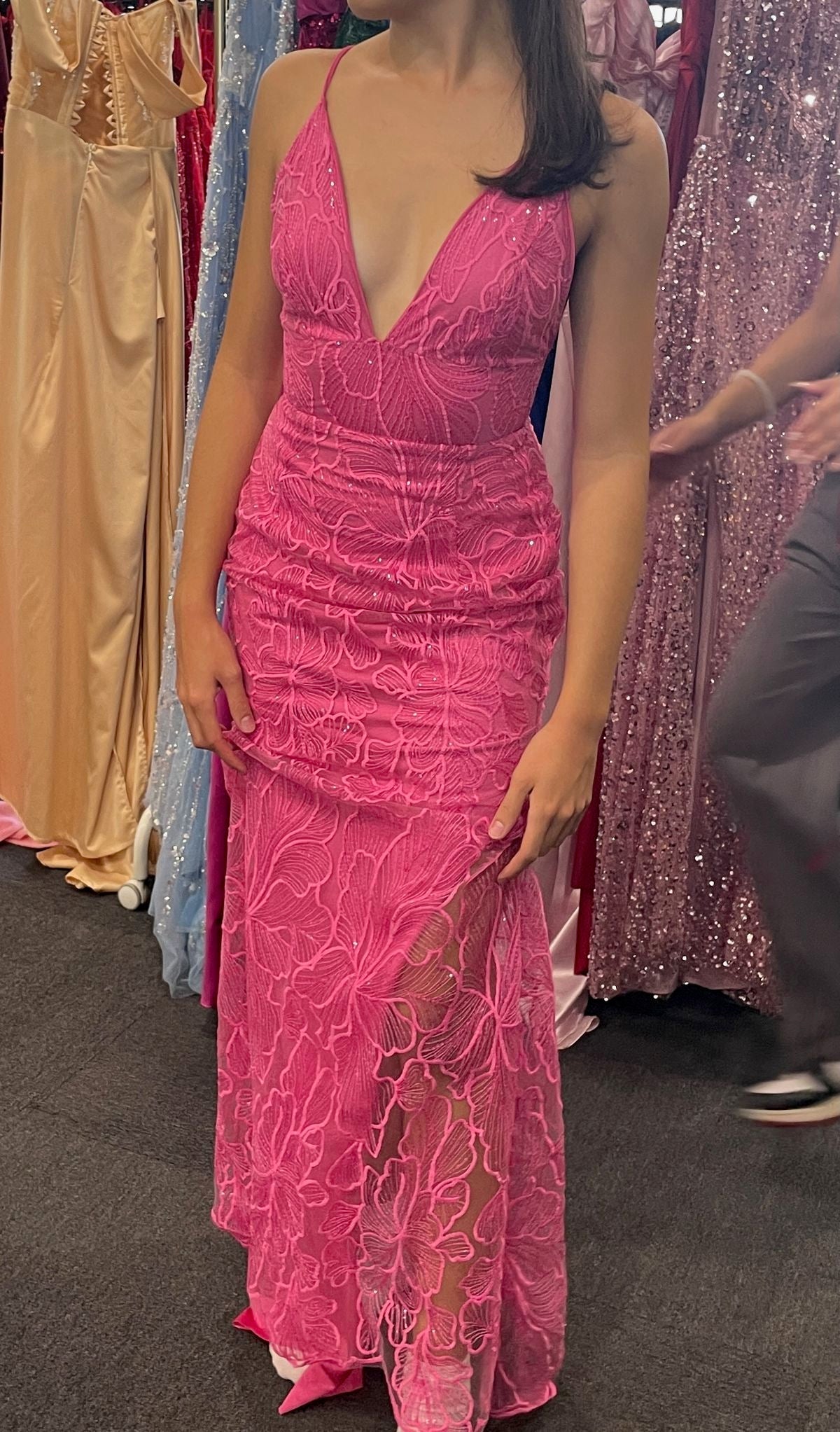 Beautiful Pink Mermaid Spaghetti Strap V-Neck Lace Long Prom Dress Evening Dress