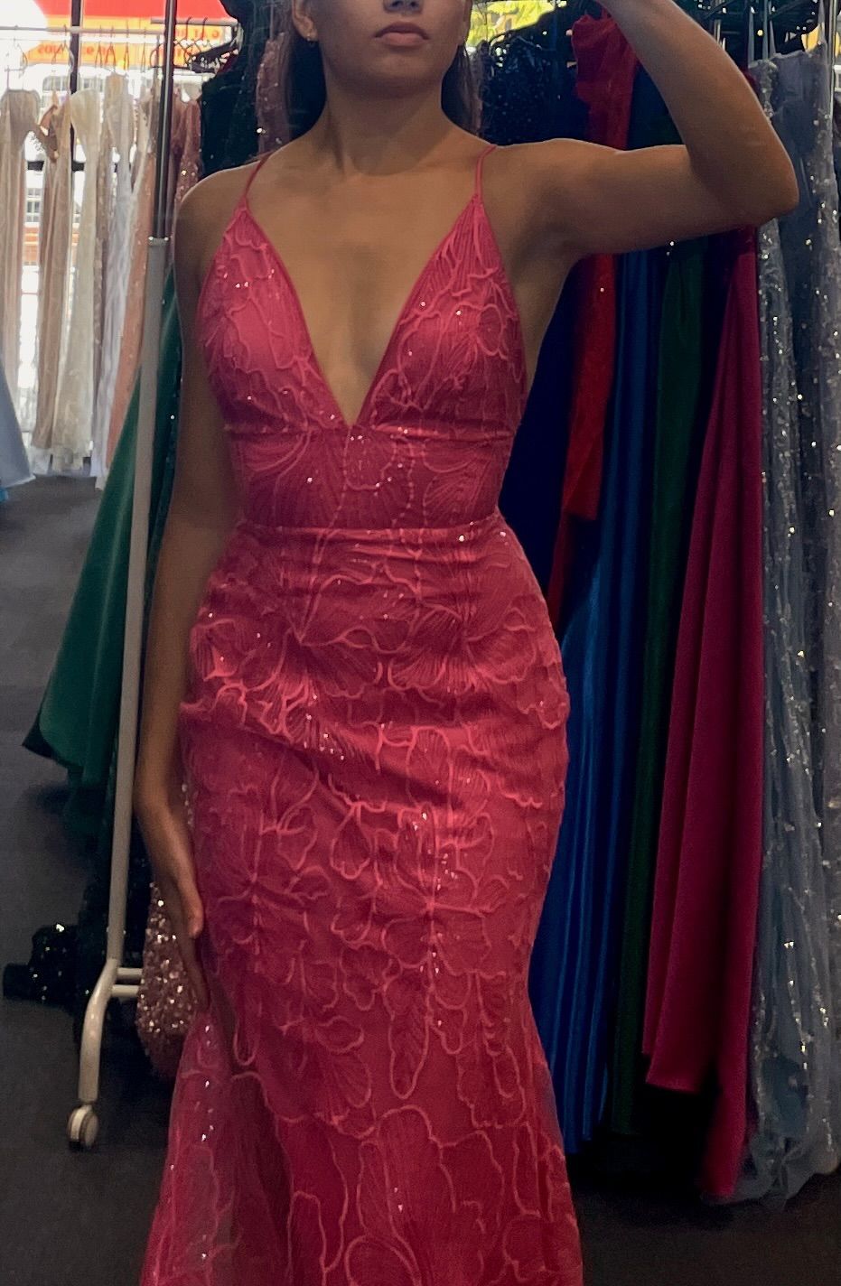 Beautiful Pink Mermaid Spaghetti Strap V-Neck Lace Long Prom & Evening Dress - View 3 | FashionDia