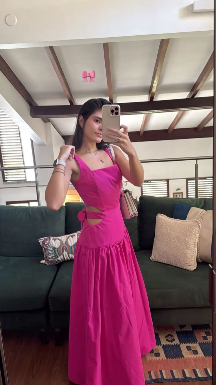 Vibrant Hot Pink A-Line Strap Square Neck Cutout Long Prom Dress Evening Dress