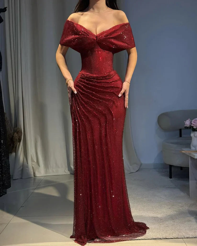 Luxurious Burgundy Mermaid Off-the-Shoulder V-Neck Rhinestone Tulle High-Slit Long Prom Dress Evening Dress