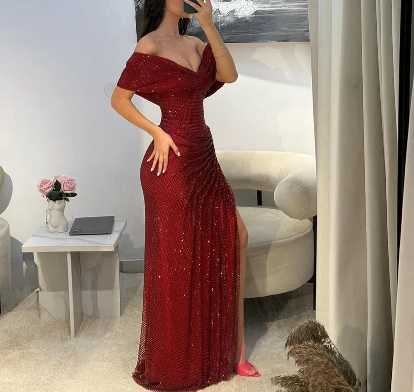 Luxurious Burgundy Mermaid Off-the-Shoulder V-Neck Rhinestone Tulle High-Slit Long Prom & Evening Dress - View 3 | FashionDia