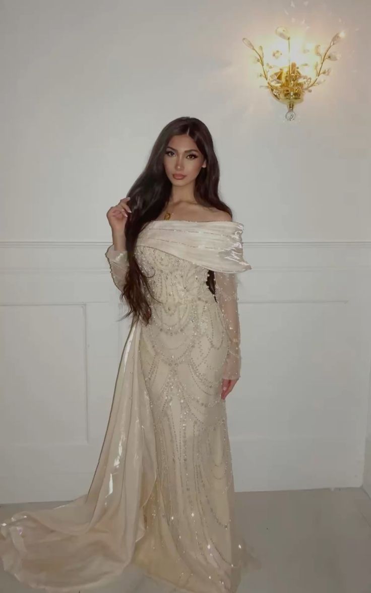 Elegant Beige Mermaid Off-the-Shoulder Beaded Tulle Satin Train Prom Dress Evening Dress