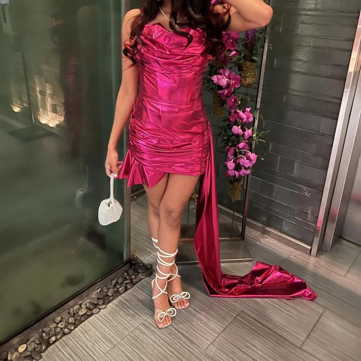 Gorgeous Rose Red Tube Top Pleated Irregular Tail Slim Shiny Satin Birthday Party Homecoming Dress