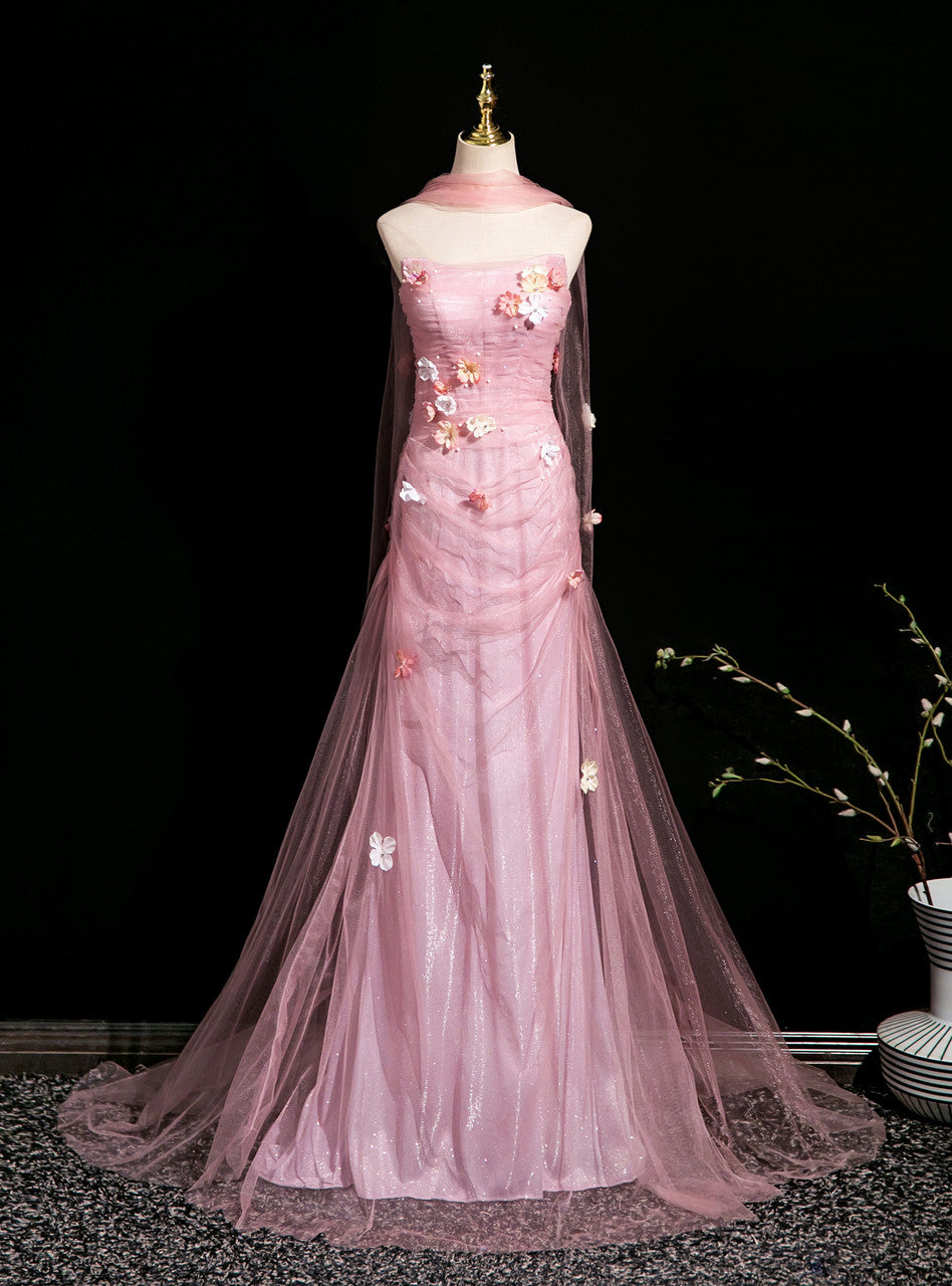 Elegant Light Pink A-Line Strapless 3D Floral Tulle Long Prom Dress Evening Dress