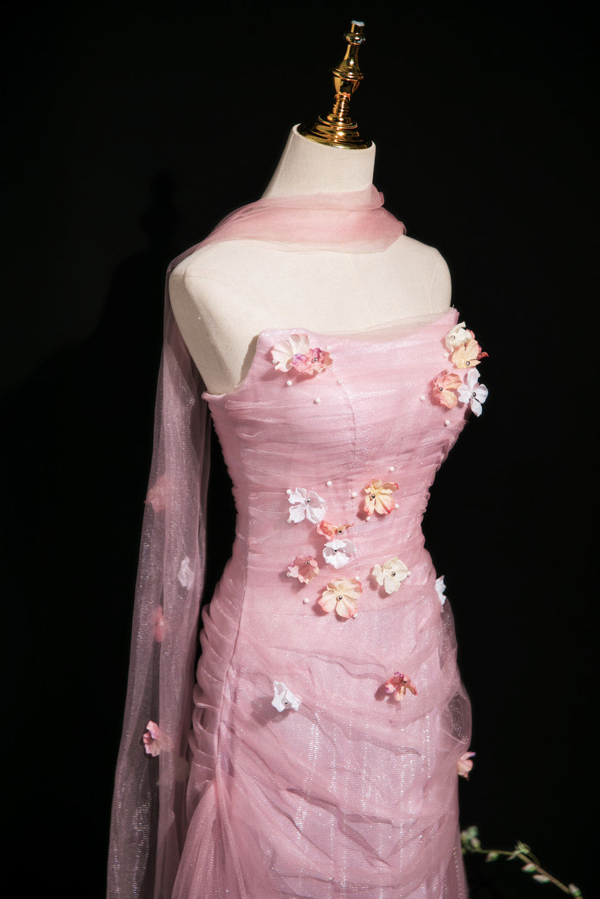 Elegant Light Pink A-Line Strapless 3D Floral Tulle Long Prom & Evening Dress - View 4 | FashionDia