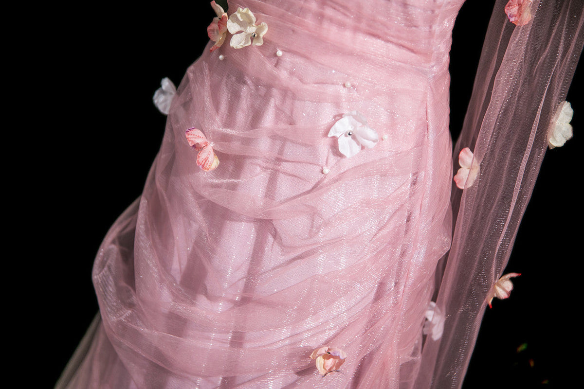 Elegant Light Pink A-Line Strapless 3D Floral Tulle Long Prom & Evening Dress - View 5 | FashionDia