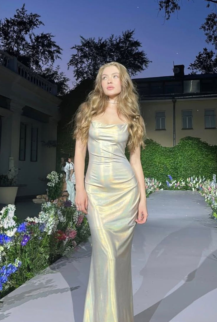 Elegant Iridescent Champagne Gold Mermaid Spaghetti Strap Satin Long Prom & Evening Dress - View 3 | FashionDia