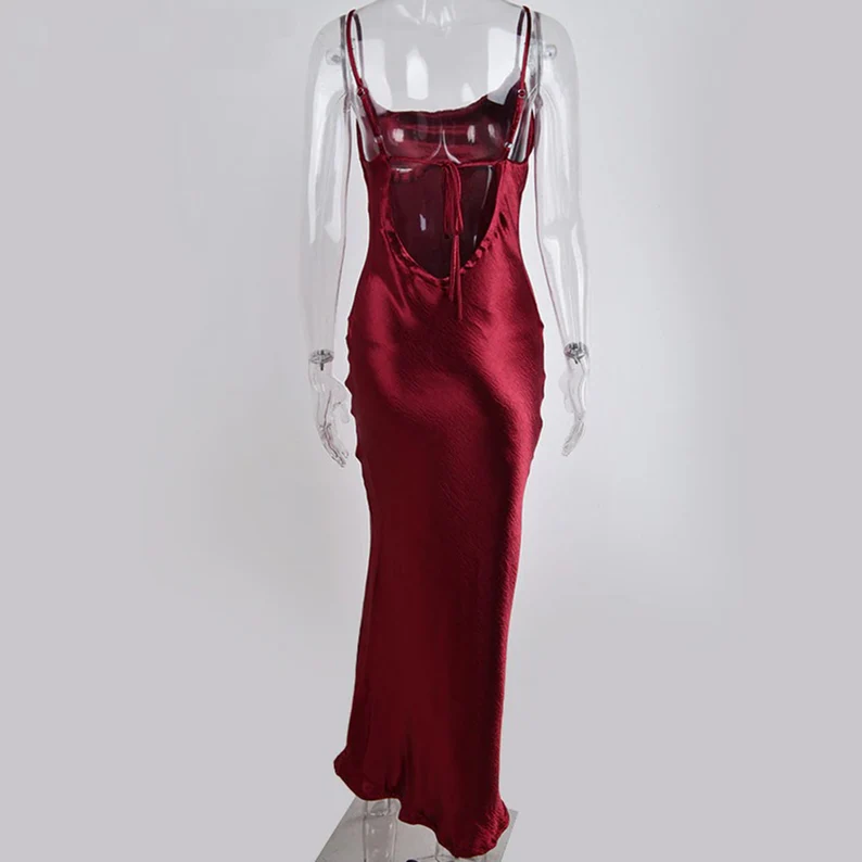 Glossy Open Back Shiny Backless Satin Prom Dress Elegant Cowl Neckline Party Ruched Side Women Midi Dress - View 8 | FashionDia
