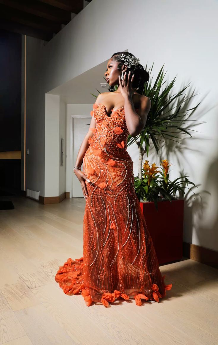 Gorgeous Orange Mermaid Sweetheart Neck Beaded Sequin Tulle Train Prom Dress Evening Dress