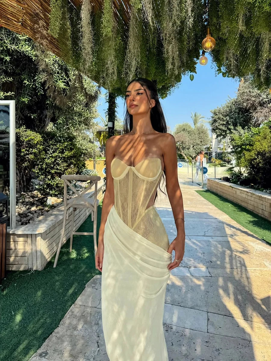 Gorgeous Pale Yellow Mermaid Sweetheart Neck Sheer Tulle Satin Long Prom & Evening Dress - View 4 | FashionDia