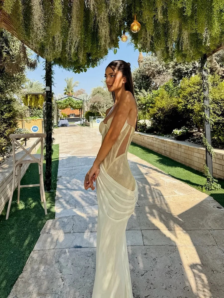 Gorgeous Pale Yellow Mermaid Sweetheart Neck Sheer Tulle Satin Long Prom & Evening Dress - View 5 | FashionDia