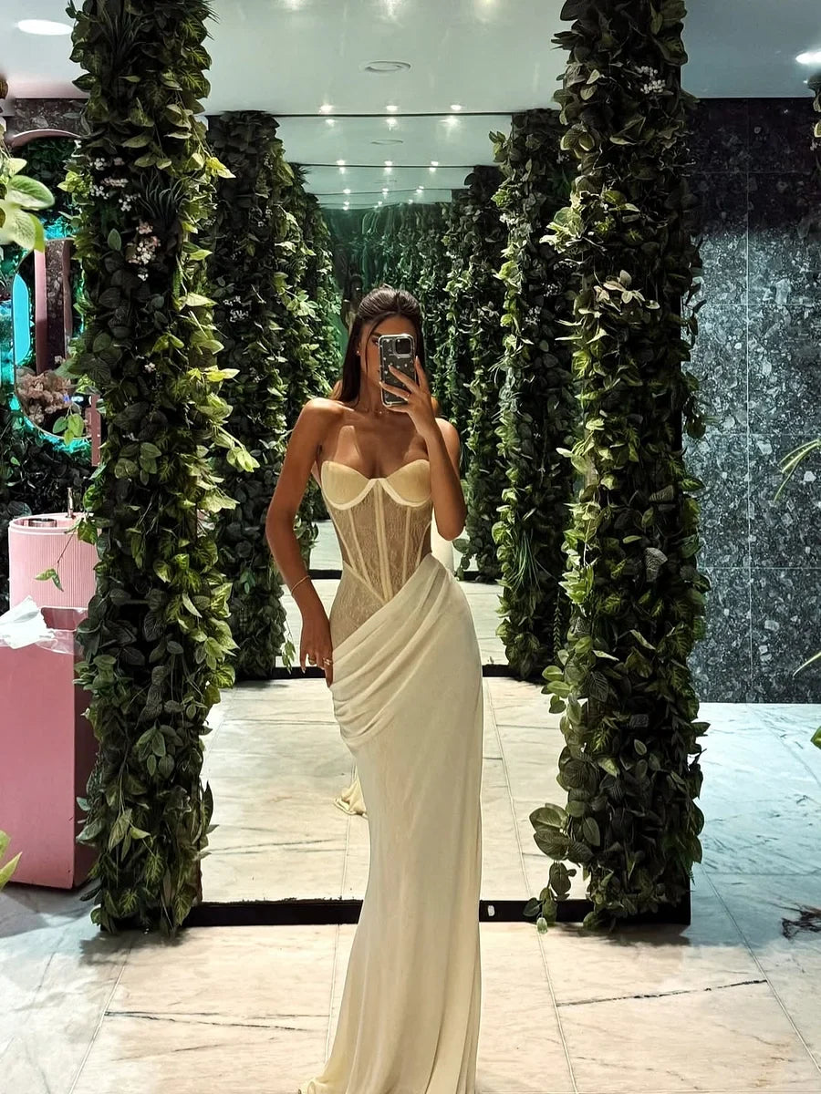 Gorgeous Pale Yellow Mermaid Sweetheart Neck Sheer Tulle Satin Long Prom & Evening Dress - View 6 | FashionDia