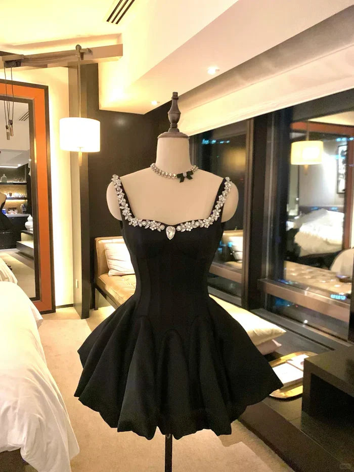 Sweet Black Strap Rhinestone Waist Bud Satin 16th Birthday Homecoming Dress