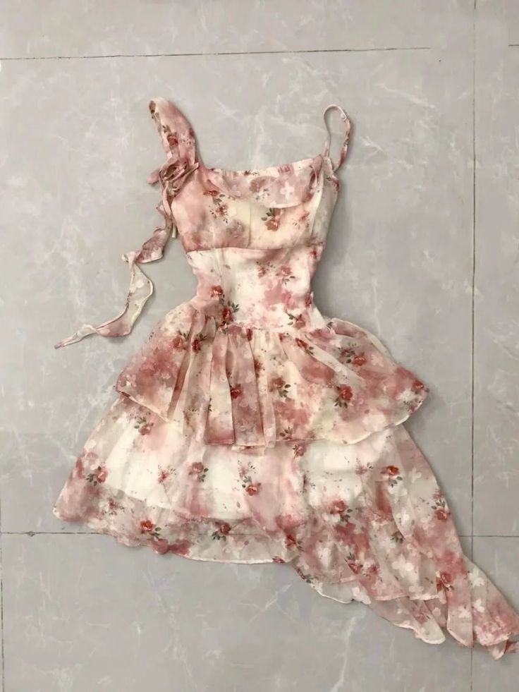 Sweet Pink And White Floral Irregular Ruffle Chiffon 16th Birthday Homecoming Dress - View 2 | FashionDia