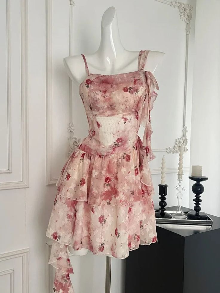 Sweet Pink And White Floral Irregular Ruffle Chiffon 16th Birthday Homecoming Dress - View 4 | FashionDia