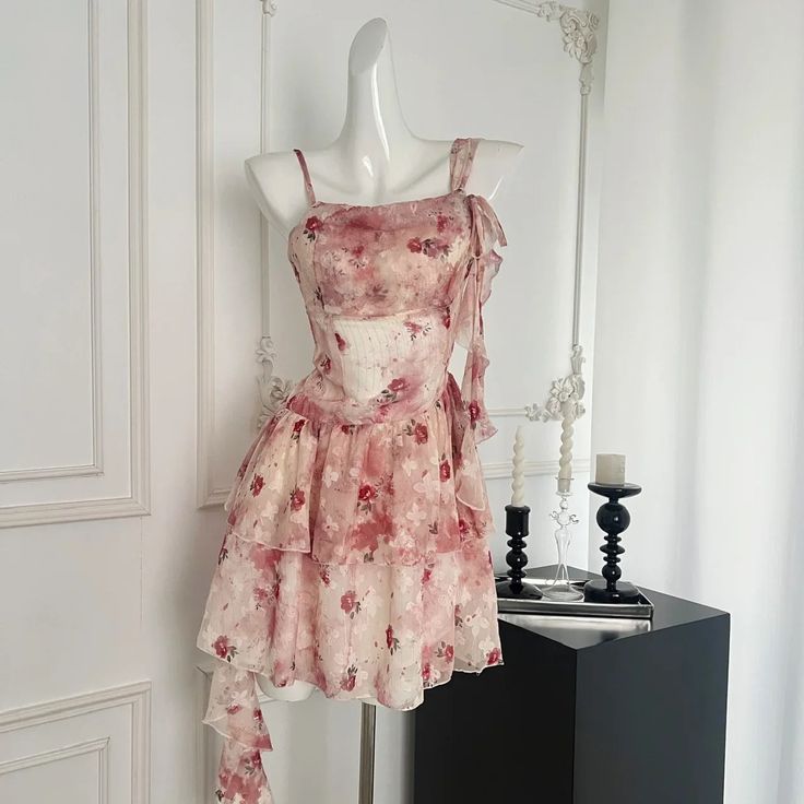Sweet Pink And White Floral Irregular Ruffle Chiffon 16th Birthday Homecoming Dress - View 5 | FashionDia