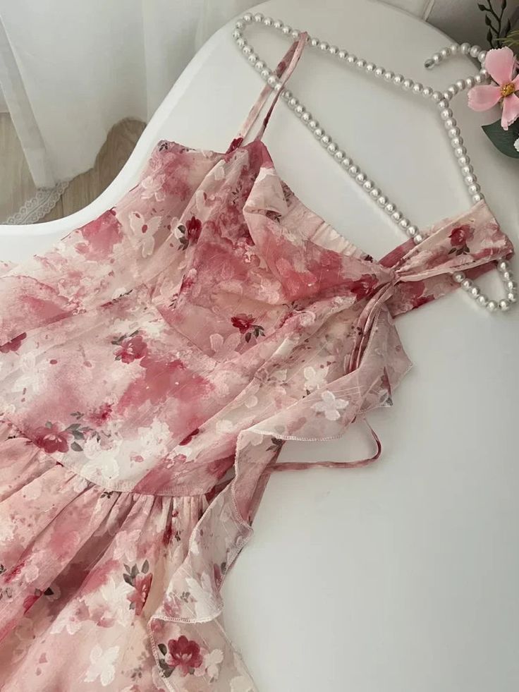 Sweet Pink And White Floral Irregular Ruffle Chiffon 16th Birthday Homecoming Dress - View 6 | FashionDia