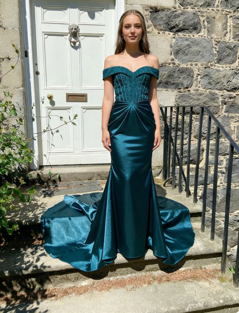 Elegant Deep Peacock Blue Mermaid Off-the-Shoulder Satin Train Prom Dress Evening Dress