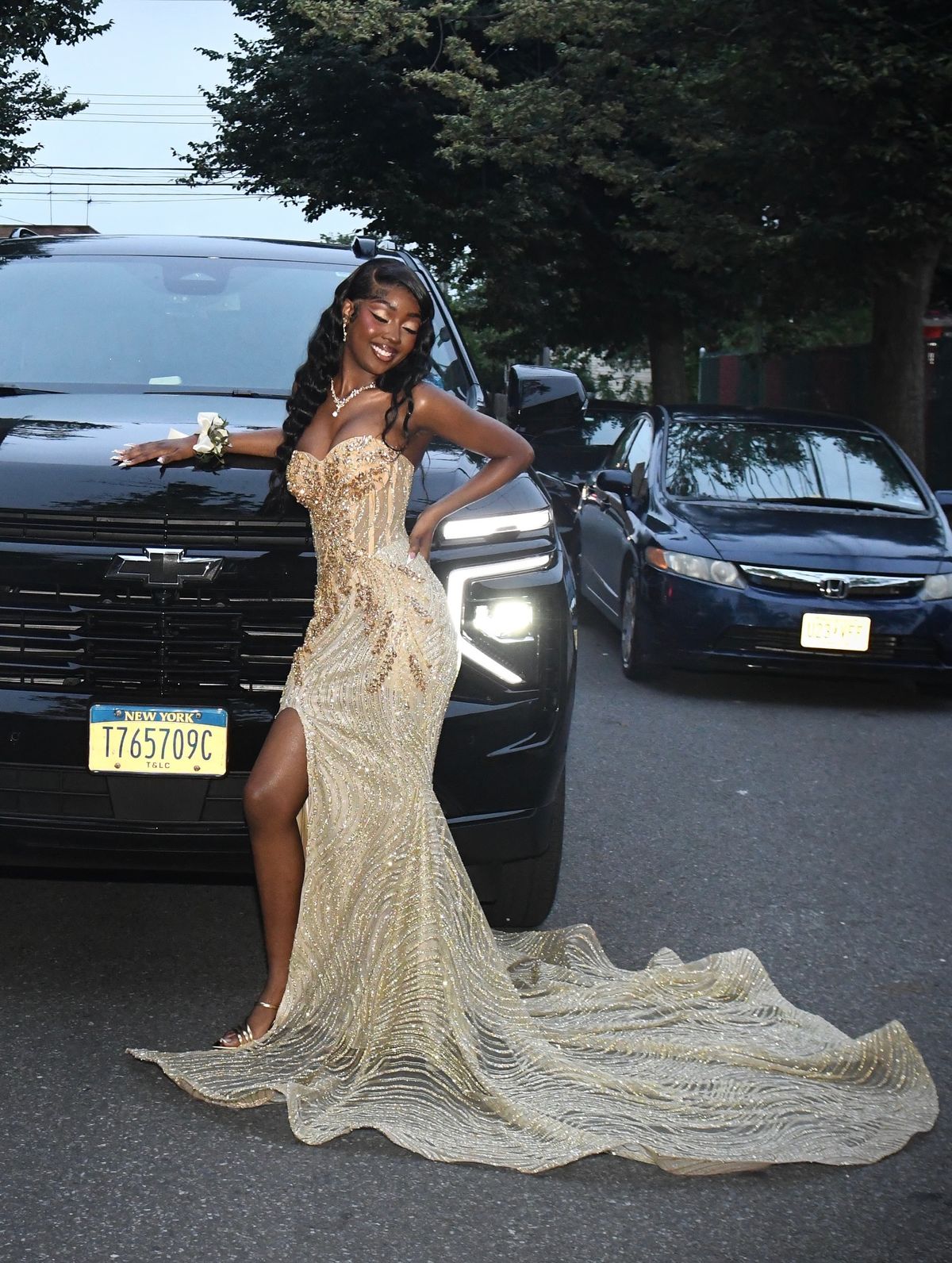 Luxurious Champagne Gold Mermaid Sweetheart Neck High-Slit Sequin Tulle Train Prom Dress Evening Dress