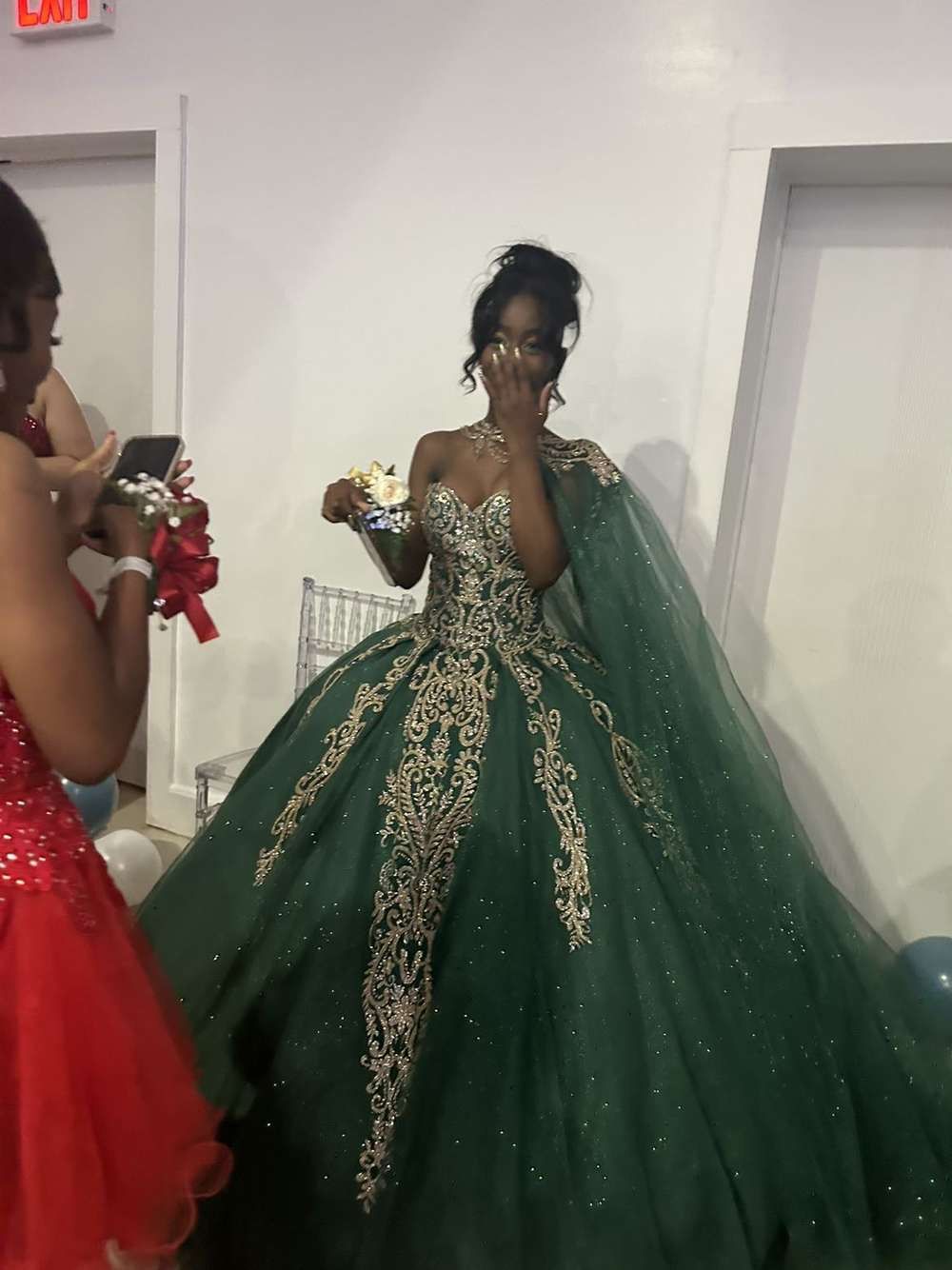 Court Luxury Dark Green Sweetheart Neck Gold Foil Embroidered Tulle Ball Gown Evening Dress Sweet 16 Dress