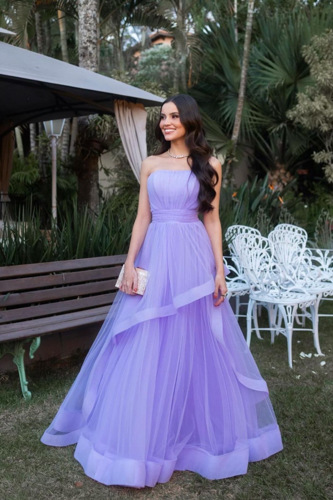 Elegant Purple A-line Tube Top Tulle Long Prom Dress Evening Dress Bridesmaid Dress