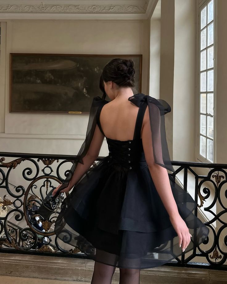 Elegant Black Bow Strap Tulle A-Line Birthday Party Homecoming Dress - View 5 | FashionDia