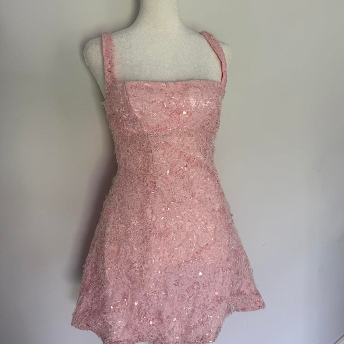 Sweet Pink Square Neck Lace Pattern Sequins Slim-Fit 16th Birthday Homecoming Dress - View 2 | FashionDia