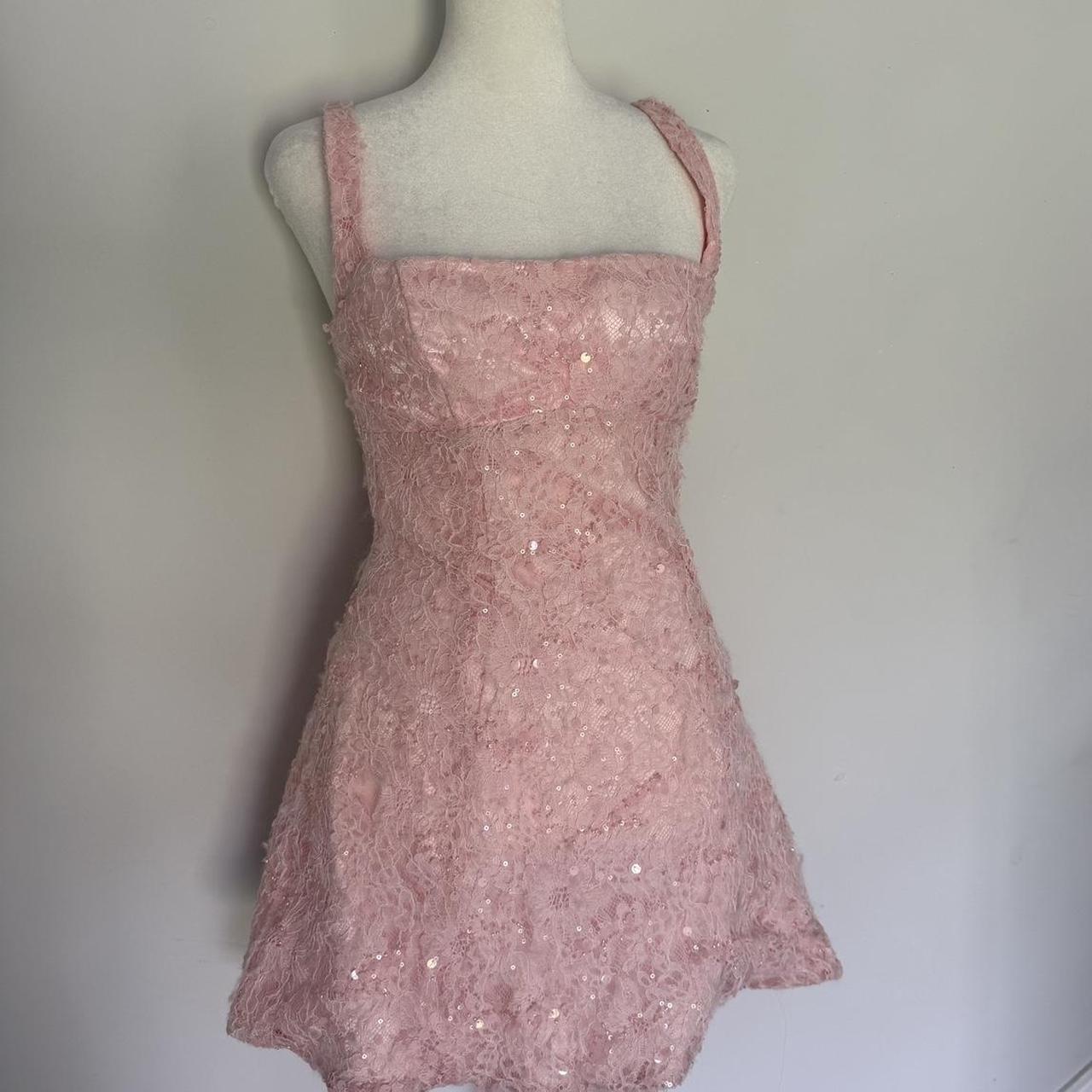 Sweet Pink Square Neck Lace Pattern Sequins Slim Fit 16th Birthday Homecoming Dress