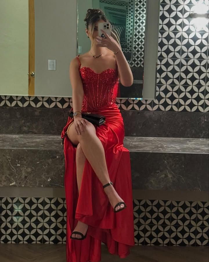 Sexy Luxury Red Mermaid High-Slit Sequin Satin Long Prom Dress Evening Dress