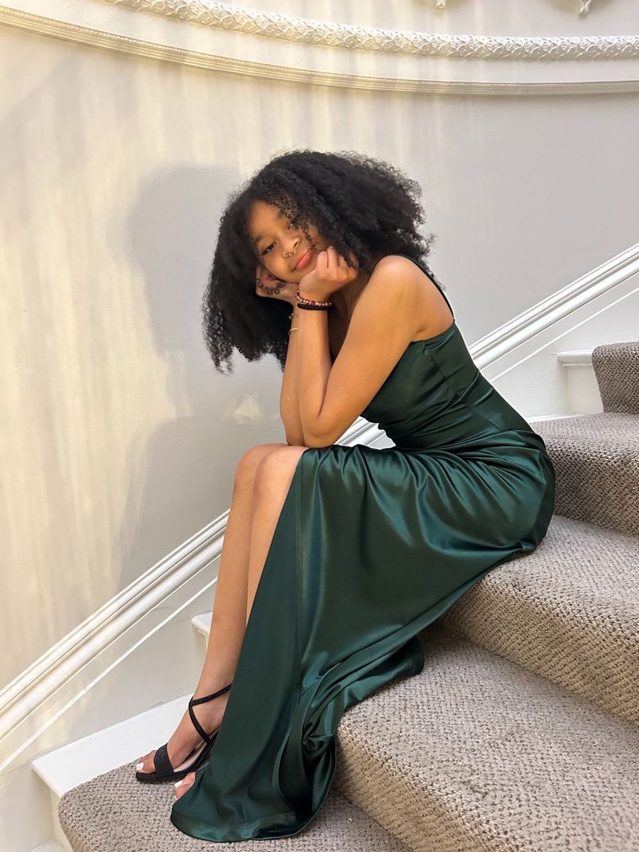 Elegant Dark Green Slim-Fit Camisole Ruched Slit Satin Long Prom & Evening Dress - View 3 | FashionDia