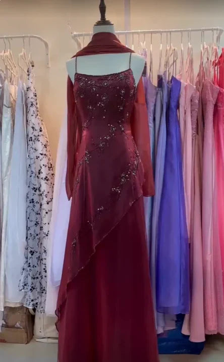 Vintage Burgundy Slim-Fit Camisole Beaded Embroidery Floral Branch Satin Long Prom & Evening Dress - View 2 | FashionDia