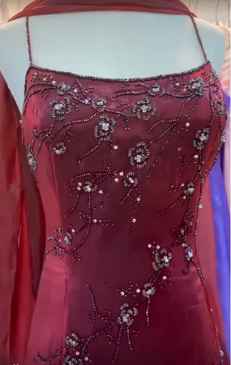 Vintage Burgundy Slim-Fit Camisole Beaded Embroidery Floral Branch Satin Long Prom & Evening Dress - View 4 | FashionDia