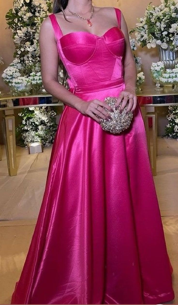 Elegant Hot Pink A-line Shoulder Strap Sweetheart Neckline Satin Long Prom Dress Evening Dress