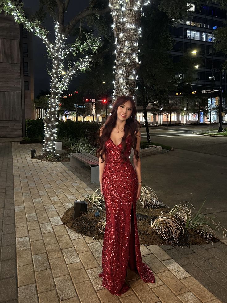 Shiny Burgundy Mermaid Deep V-Neck Camisole Slit Sequin Long Prom Dress Evening Dress