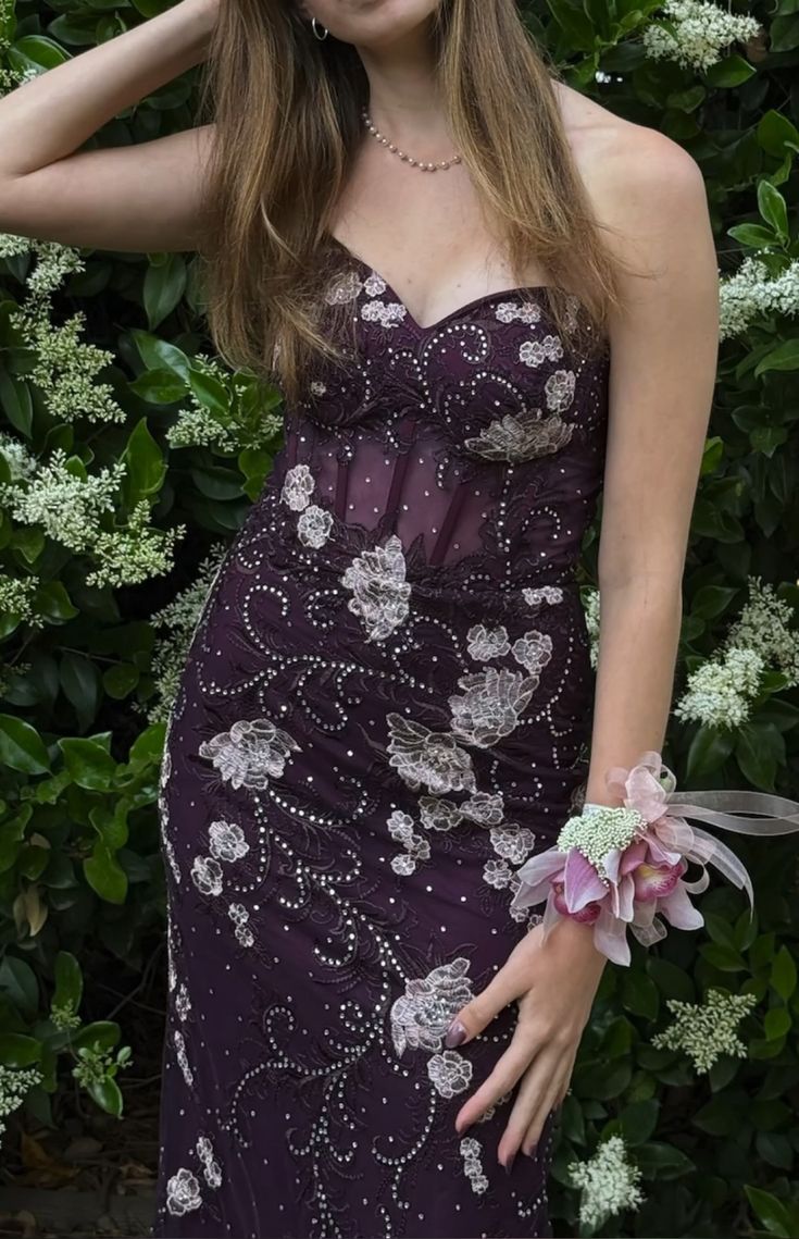 Elegant Deep Purple Mermaid Strapless 3D Embroidery Sheer Tulle Long Prom Dress Evening Dress