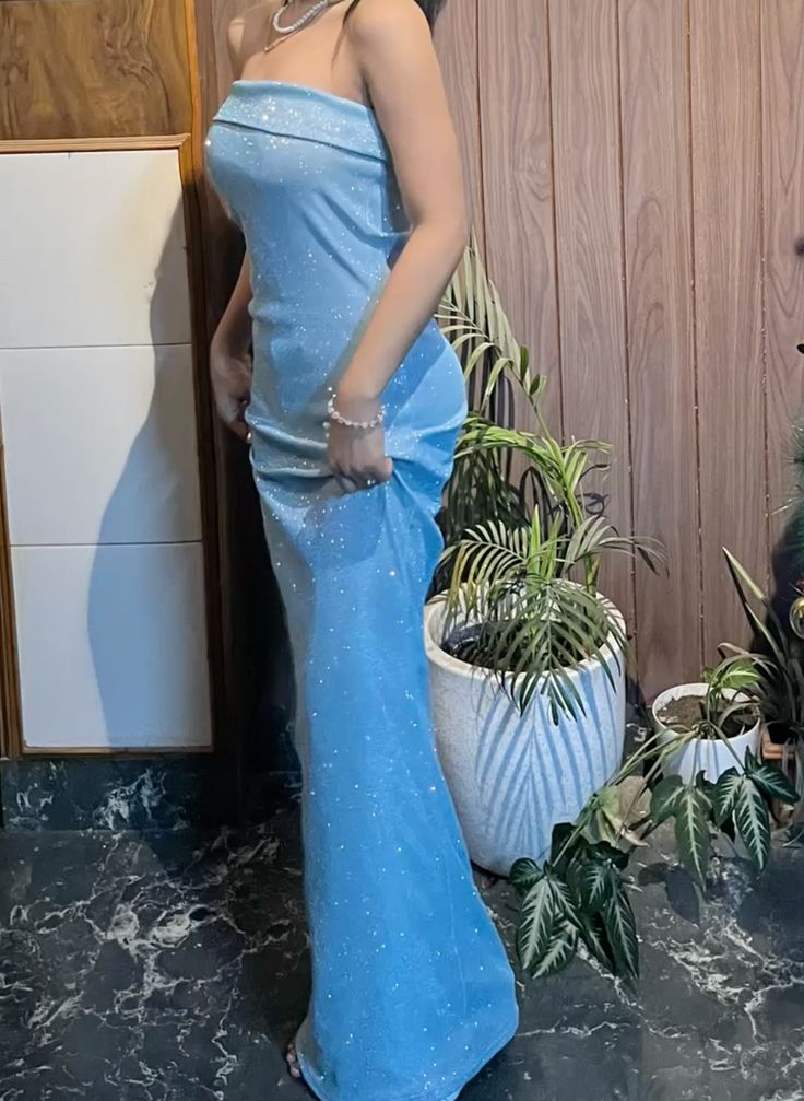 Elegant Light Blue Mermaid Strapless Starry Tulle Long Prom & Evening Dress - FashionDia