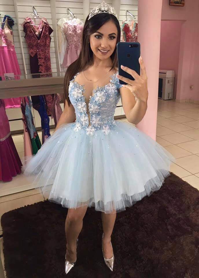 Dreamy Light Blue Short-sleeved Lace Tulle A-line 16th Birthday Miniskirt Homecoming Dress