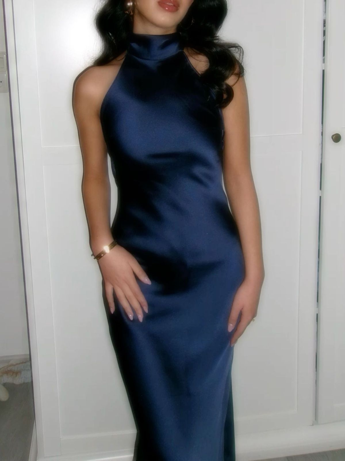 Sexy Navy Blue Slim-Fit Halter Backless Satin Long Prom & Evening Dress - View 3 | FashionDia
