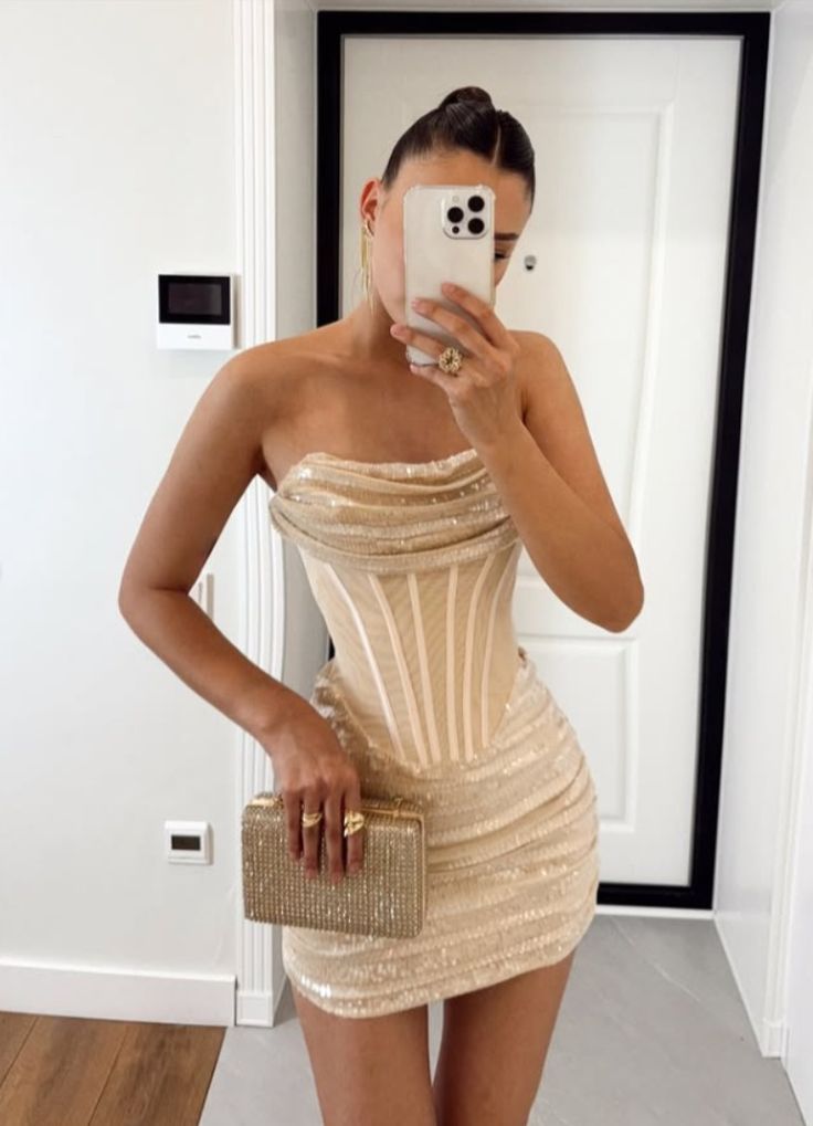 Luxury Gold Strapless Fishbone Sequin Slim Fit Birthday Party Homecoming Dress