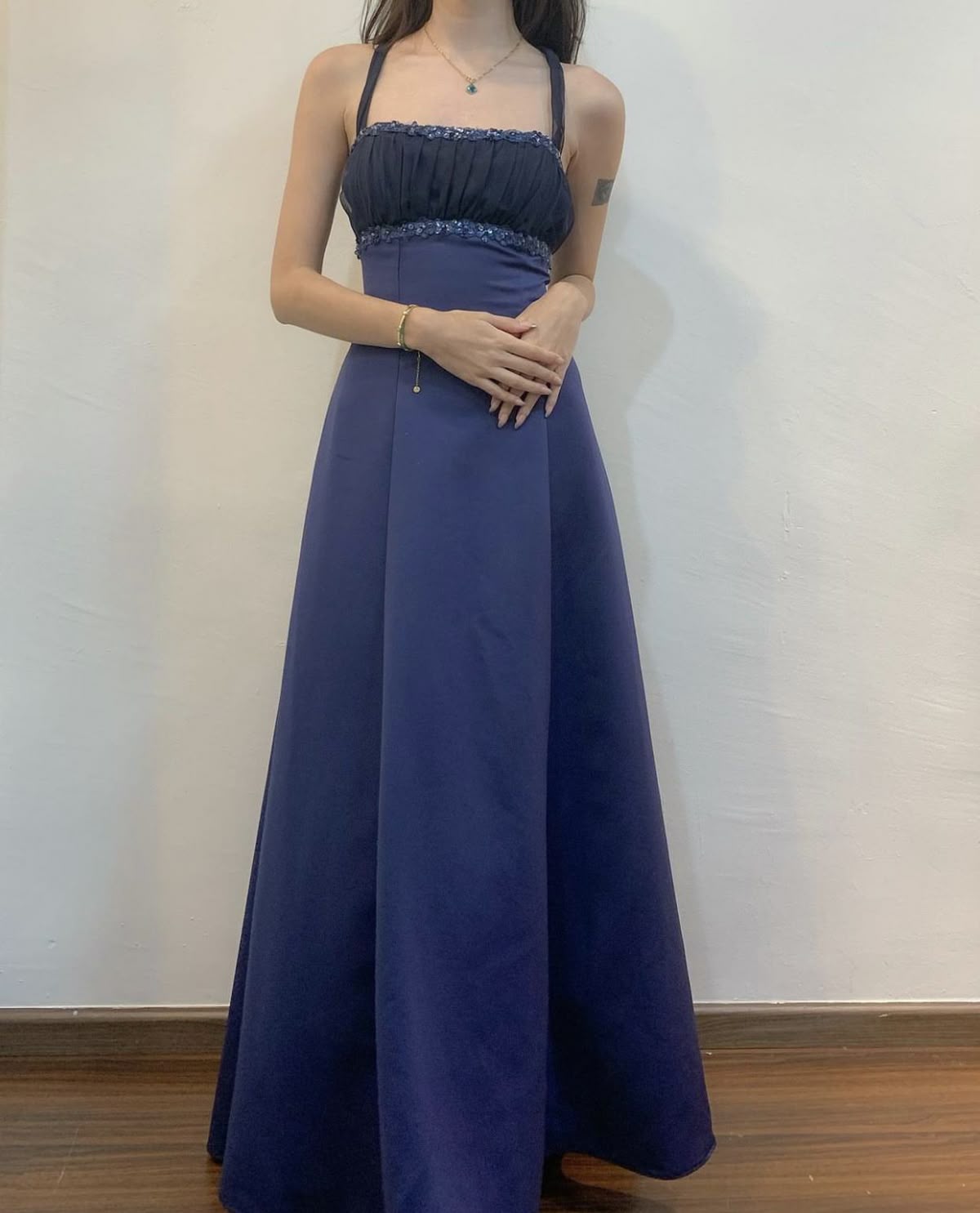 Elegant Navy Blue A-Line Halter Neck Satin Long Prom & Evening Dress - FashionDia
