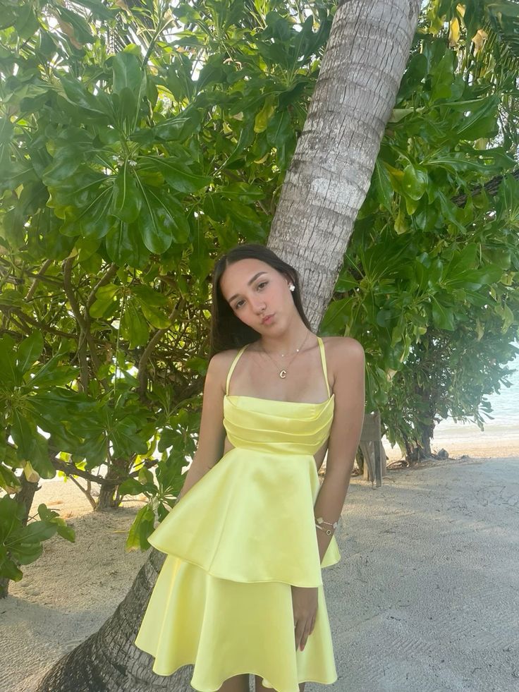 Sweet Yellow Halter Neck Hollow Waist Double Ruffled Satin A-line 17th Birthday Homecoming Dress