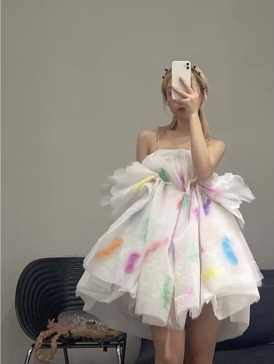 Dreamy White Color Splash Ink Multi-layer Tulle Irregular Birthday Party Homecoming Dress