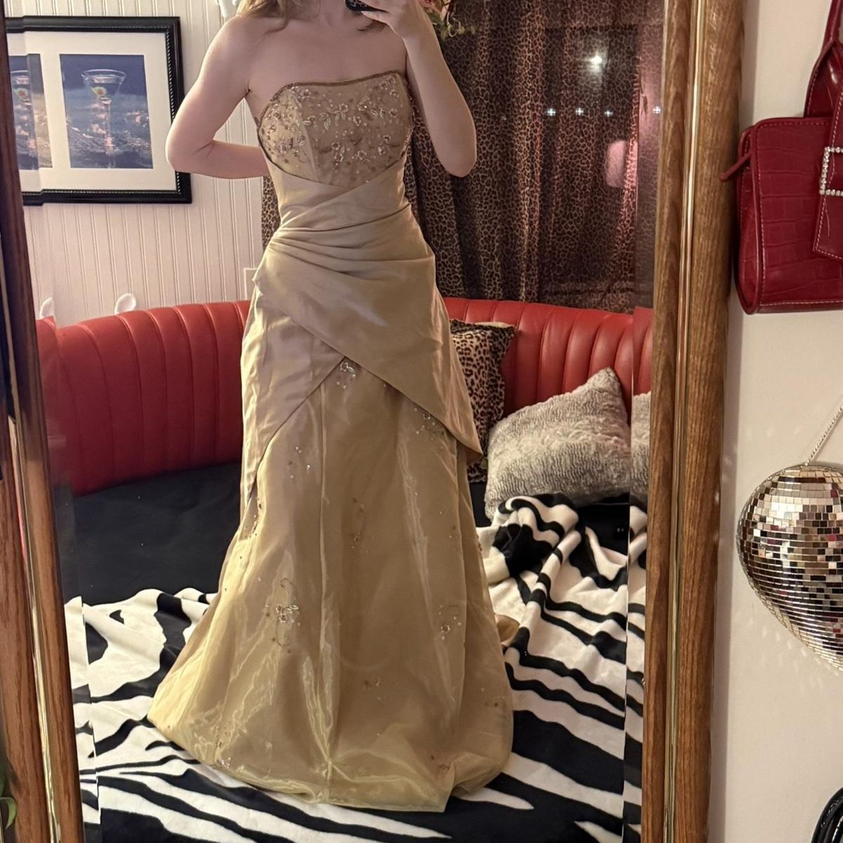Luxurious Champagne Gold A-Line Strapless Beaded Satin Long Prom Dress Evening Dress - VelvetHem