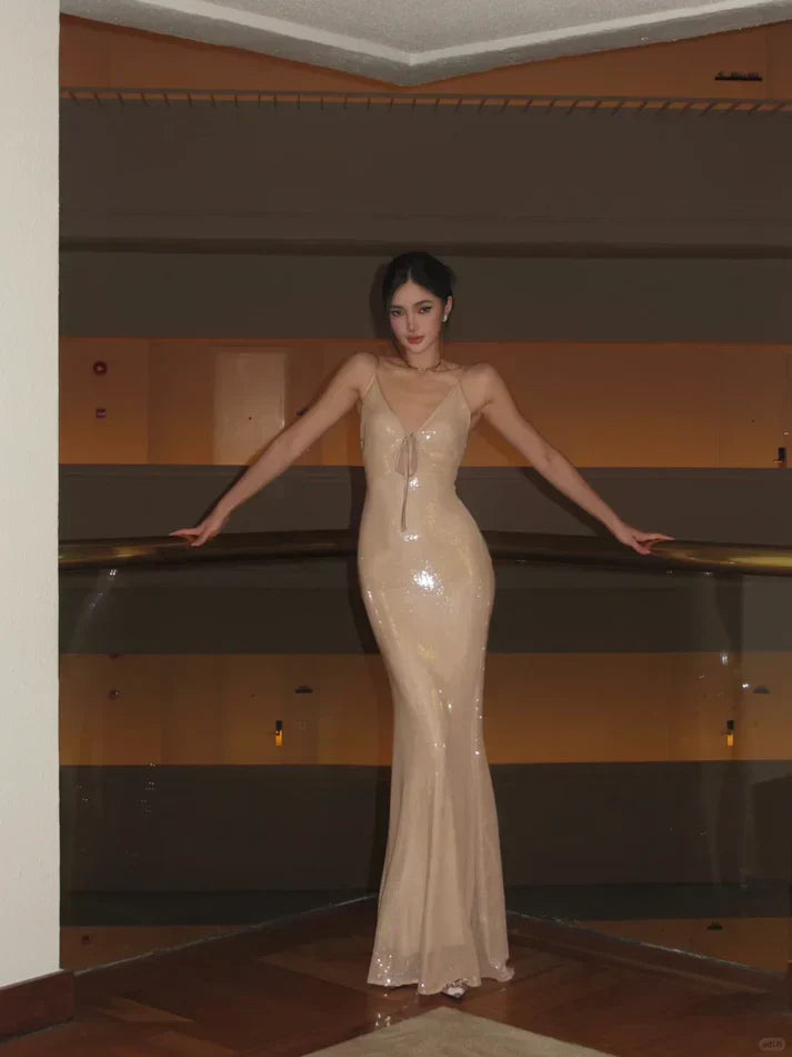 Sexy Shining Nude Apricot Mermaid Deep V Spaghetti Strap Sequin Long Prom Dress Evening Dress