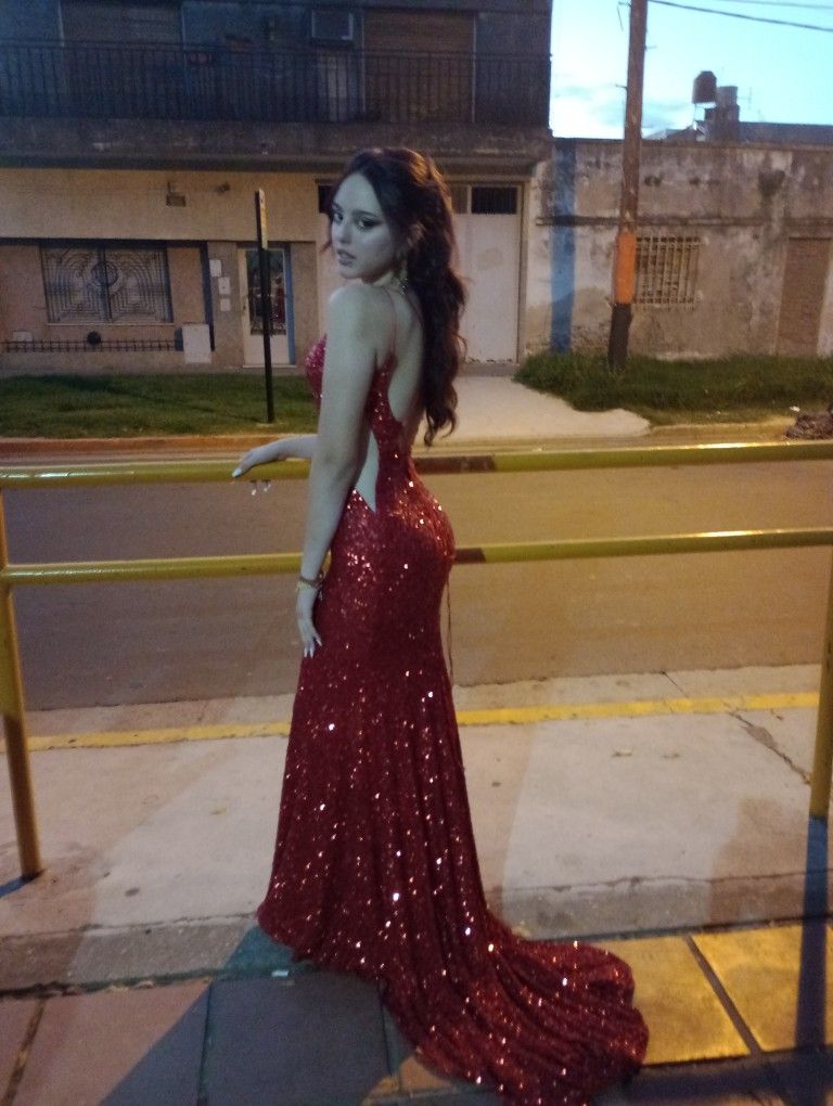Sexy Red Mermaid Spaghetti Strap V-Neck Backless Sequin Train Prom & Evening Dress - FashionDia
