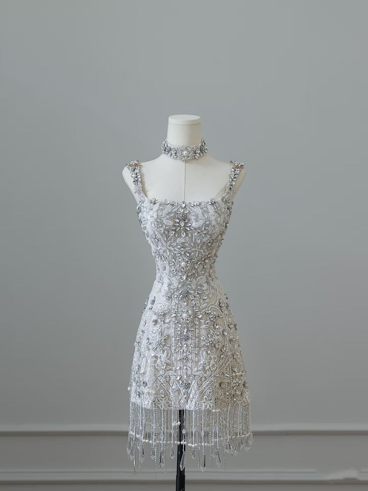 Luxury Sparkling Silver White Rhinestone Crystal Tassel Lace Slim Birthday Short Skirt Homecoming